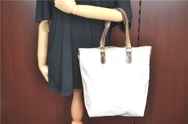 Authentic GUCCI Shoulder Tote Bag Purse GG PVC Leather 139896 White Silver J2490
