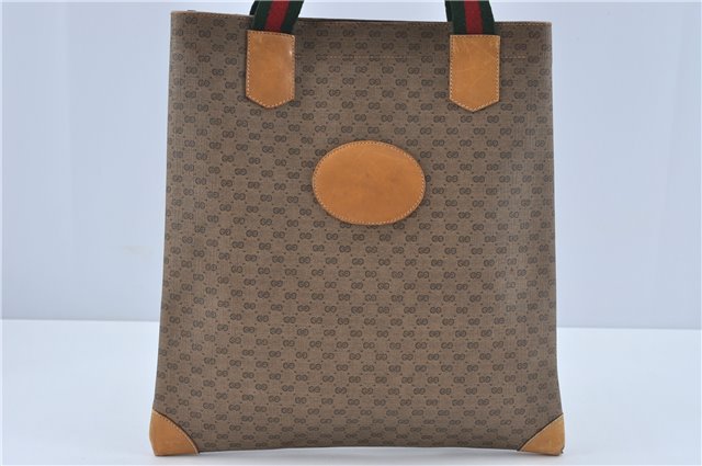 Auth GUCCI Web SherryLine Micro GG PVC Leather Shoulder Tote Bag Brown J2573