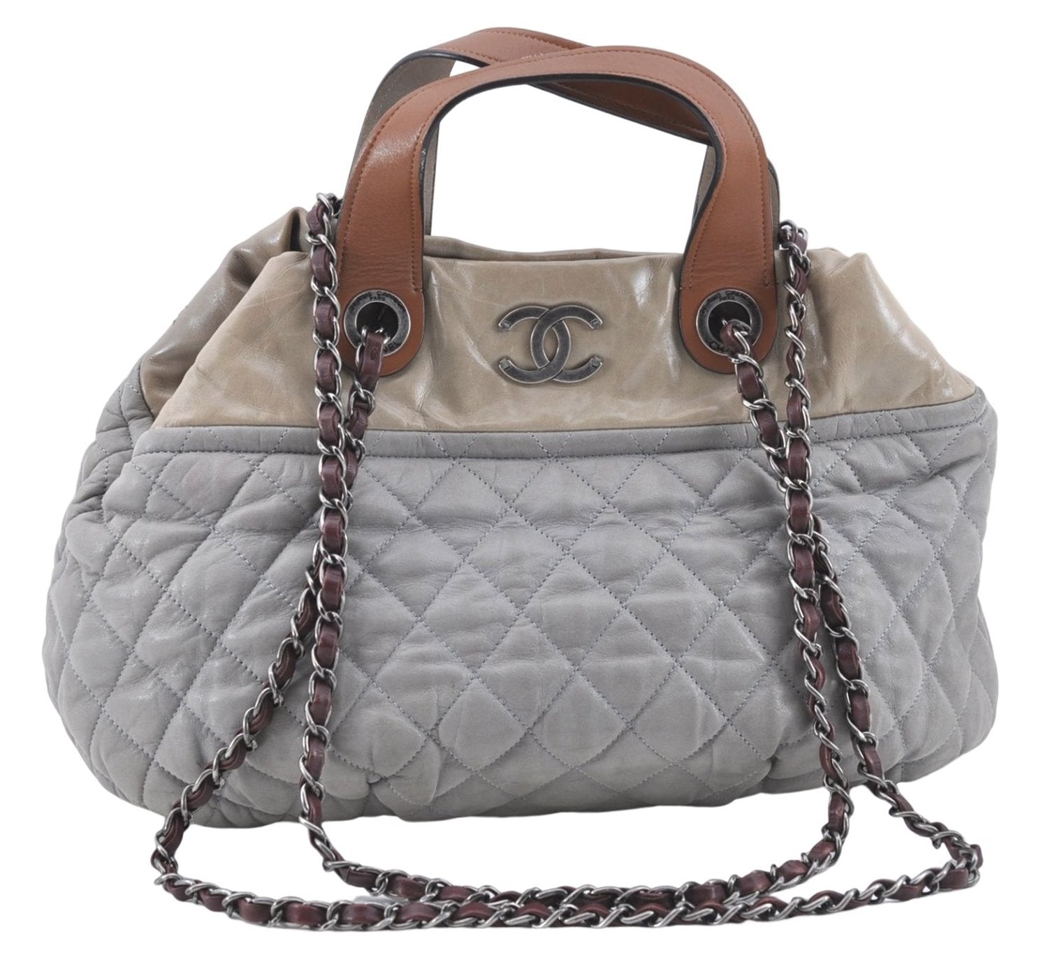 Authentic CHANEL CC Logo Chain Shoulder Hand Tote Bag Leather Gray Brown J2577