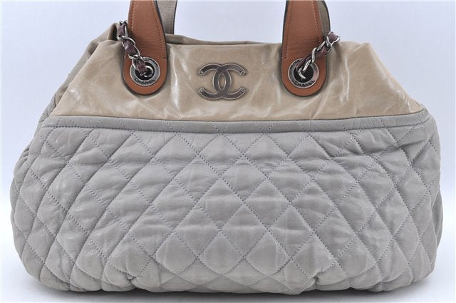 Authentic CHANEL CC Logo Chain Shoulder Hand Tote Bag Leather Gray Brown J2577