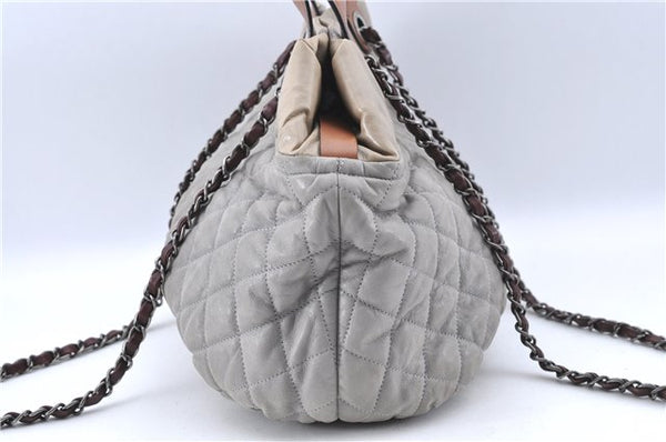Authentic CHANEL CC Logo Chain Shoulder Hand Tote Bag Leather Gray Brown J2577