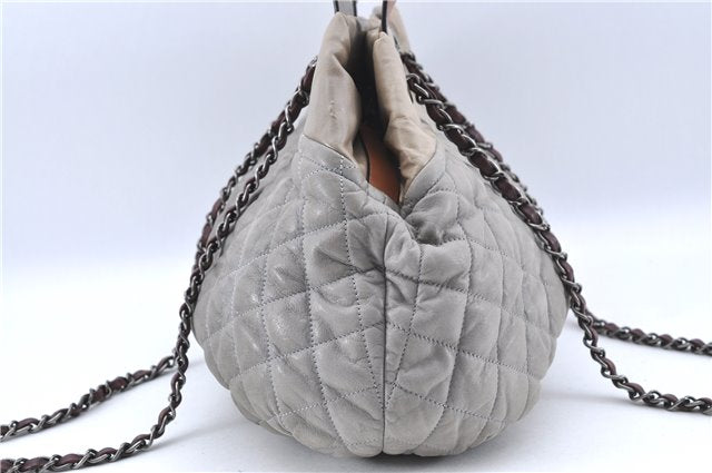 Authentic CHANEL CC Logo Chain Shoulder Hand Tote Bag Leather Gray Brown J2577