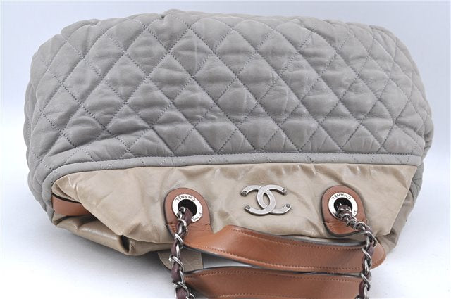 Authentic CHANEL CC Logo Chain Shoulder Hand Tote Bag Leather Gray Brown J2577