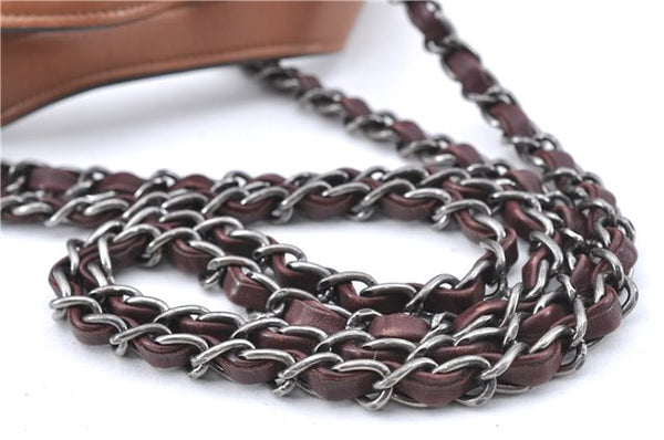 Authentic CHANEL CC Logo Chain Shoulder Hand Tote Bag Leather Gray Brown J2577