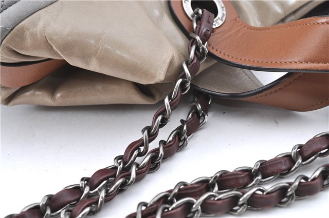 Authentic CHANEL CC Logo Chain Shoulder Hand Tote Bag Leather Gray Brown J2577