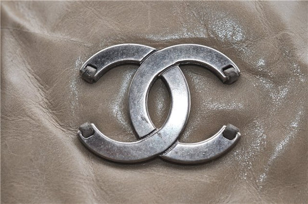 Authentic CHANEL CC Logo Chain Shoulder Hand Tote Bag Leather Gray Brown J2577
