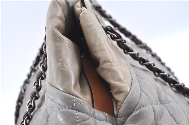 Authentic CHANEL CC Logo Chain Shoulder Hand Tote Bag Leather Gray Brown J2577