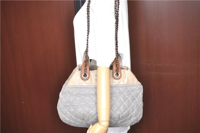 Authentic CHANEL CC Logo Chain Shoulder Hand Tote Bag Leather Gray Brown J2577