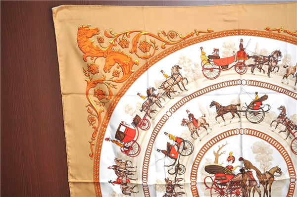 Authentic HERMES Carre 90 Scarf "La Promenade de Longchamps" Silk Beige J2592