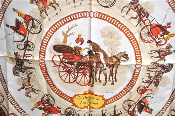 Authentic HERMES Carre 90 Scarf "La Promenade de Longchamps" Silk Beige J2592