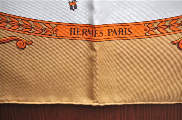 Authentic HERMES Carre 90 Scarf "La Promenade de Longchamps" Silk Beige J2592