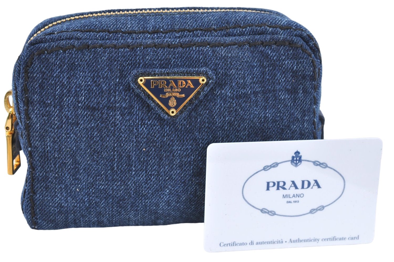 Authentic PRADA Denim Leather Pouch Purse 1N0340 Blue J2610