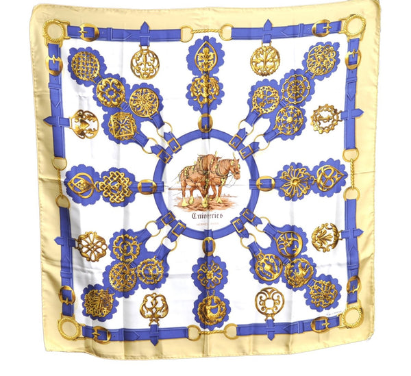 Authentic HERMES Carre 90 Scarf "Cuivreries" Silk Yellow Blue Gold J2625