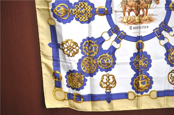 Authentic HERMES Carre 90 Scarf "Cuivreries" Silk Yellow Blue Gold J2625