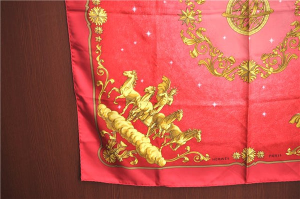 Authentic HERMES Carre 90 Scarf "LOSNVOS" Silk Red Gold J2635