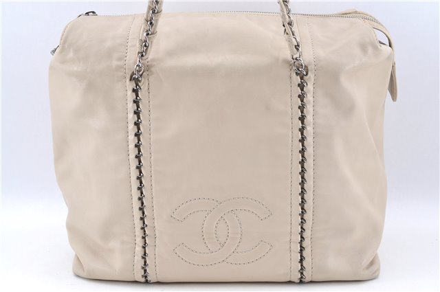 Authentic CHANEL Calf Skin Chain Hand Tote Bag Purse Ivory CC J2640