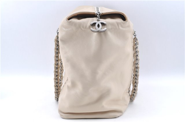 Authentic CHANEL Calf Skin Chain Hand Tote Bag Purse Ivory CC J2640