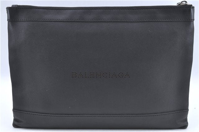 Authentic BALENCIAGA Navy Clip L Clutch Bag Calf Skin 373834 Black J2648