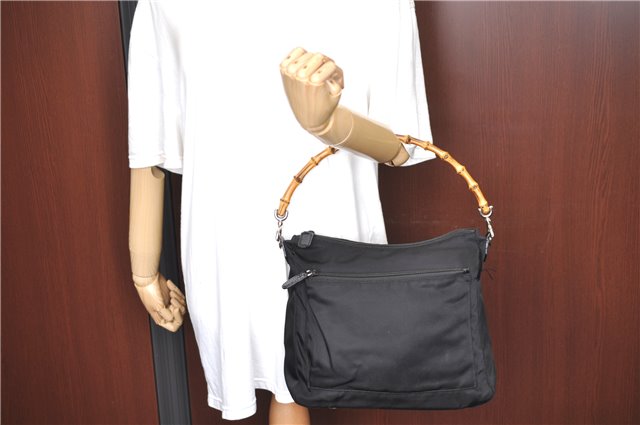Authentic GUCCI Bamboo Shoulder Hand Bag Nylon Leather Black J2650