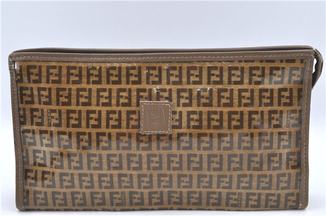 Authentic FENDI Zucchino Clutch Bag Purse Vinyl Leather Brown J2669