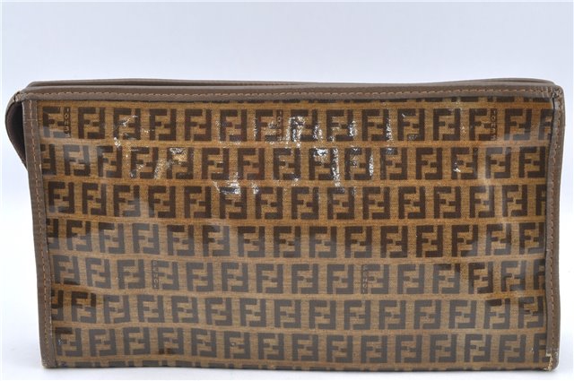 Authentic FENDI Zucchino Clutch Bag Purse Vinyl Leather Brown J2669