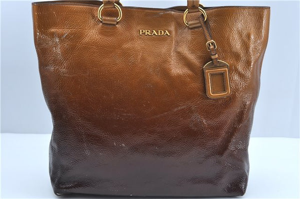 Authentic PRADA Enamel Nappa Shoulder Tote Bag Gradation BR4059 Brown J2842