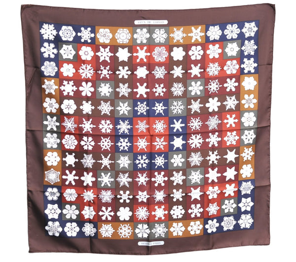 Authentic HERMES Carre 90 Scarf "FEUX DE L'HIVER" Silk Brown Box J2935