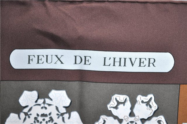 Authentic HERMES Carre 90 Scarf "FEUX DE L'HIVER" Silk Brown Box J2935