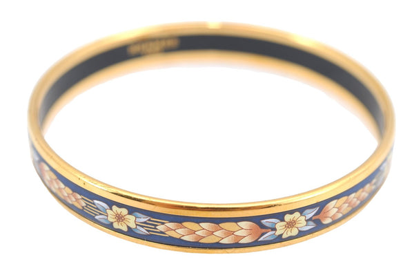 Authentic HERMES Email PM Bangle Flower Motif Gold Navy Blue J2939