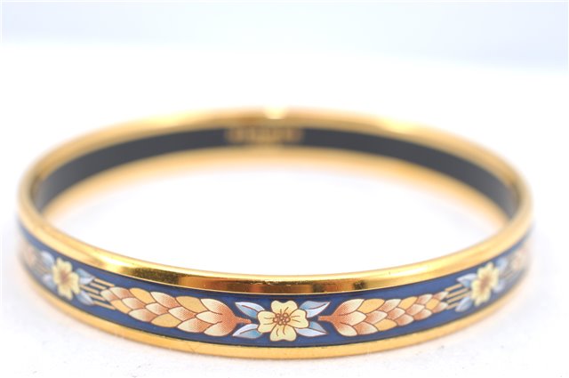 Authentic HERMES Email PM Bangle Flower Motif Gold Navy Blue J2939