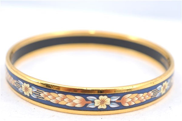 Authentic HERMES Email PM Bangle Flower Motif Gold Navy Blue J2939