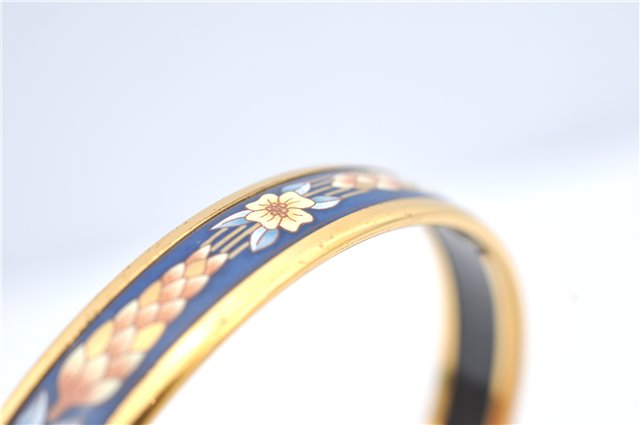 Authentic HERMES Email PM Bangle Flower Motif Gold Navy Blue J2939