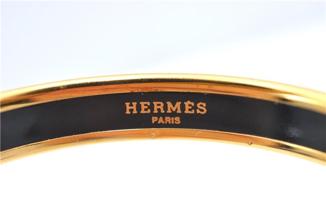 Authentic HERMES Email PM Bangle Flower Motif Gold Navy Blue J2939