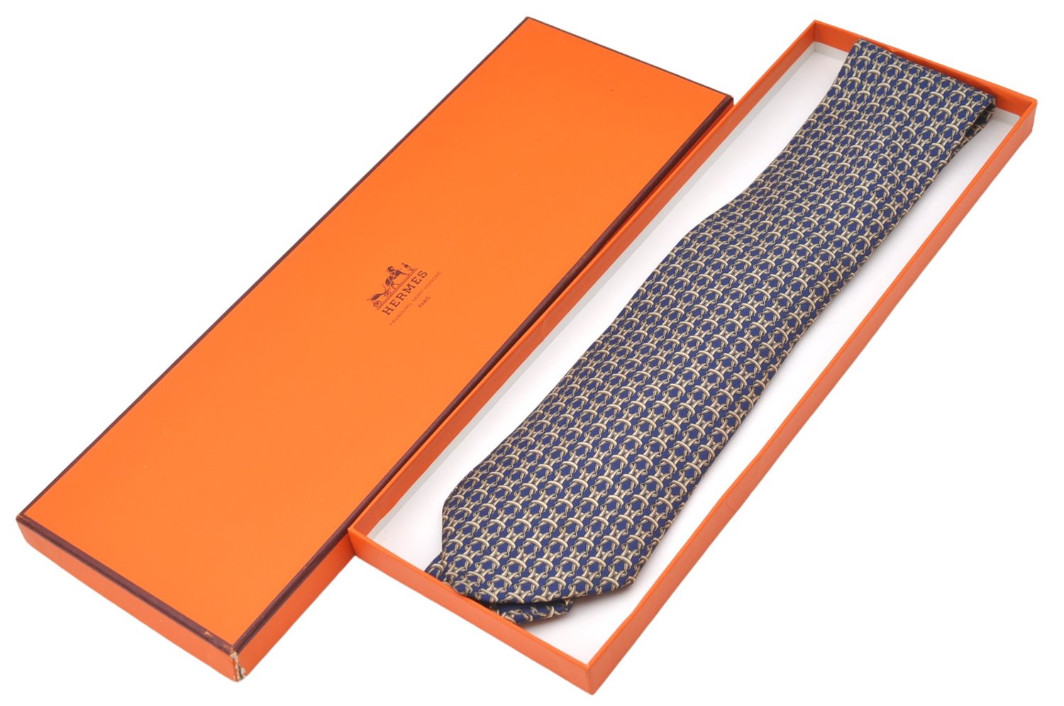 Authentic HERMES Tie Necktie String Pattern Pattern Silk Navy Blue Box J2978