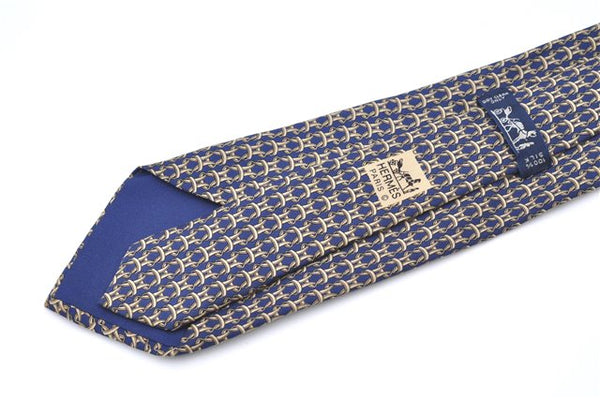 Authentic HERMES Tie Necktie String Pattern Pattern Silk Navy Blue Box J2978