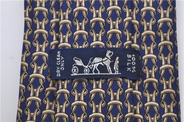 Authentic HERMES Tie Necktie String Pattern Pattern Silk Navy Blue Box J2978