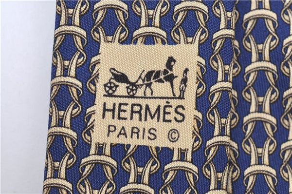 Authentic HERMES Tie Necktie String Pattern Pattern Silk Navy Blue Box J2978