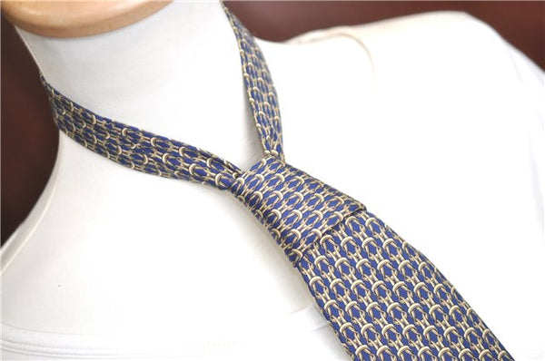 Authentic HERMES Tie Necktie String Pattern Pattern Silk Navy Blue Box J2978