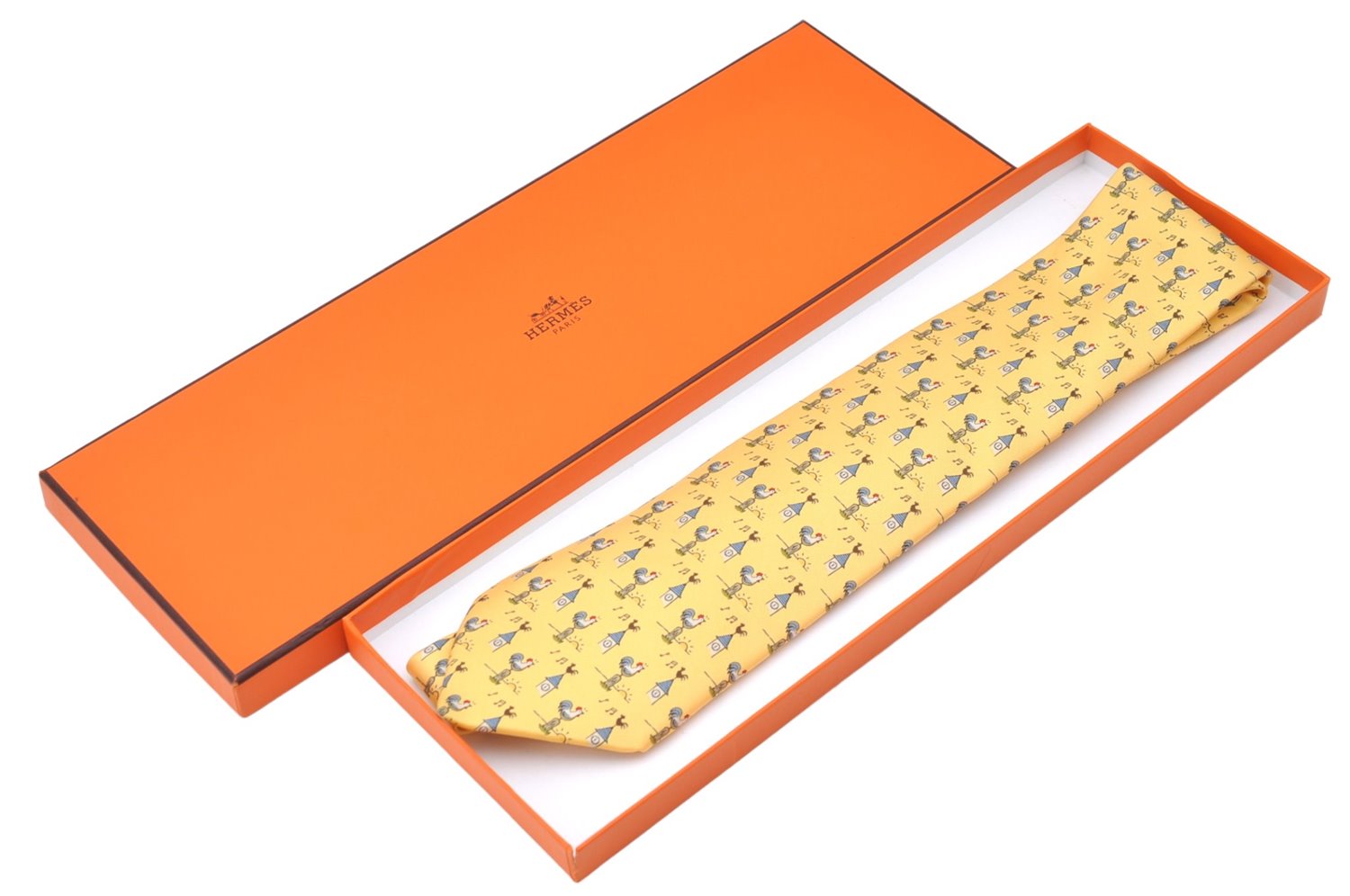 Authentic HERMES Necktie Bird Pattern Silk Yellow Box J2979