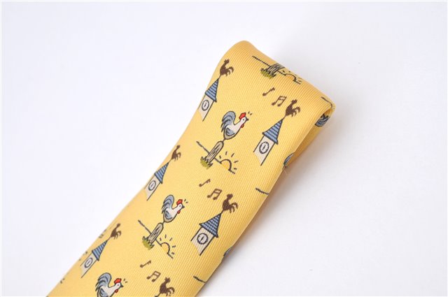 Authentic HERMES Necktie Bird Pattern Silk Yellow Box J2979