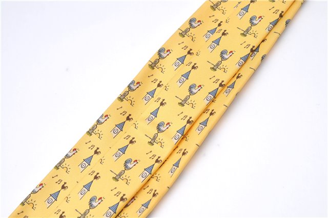 Authentic HERMES Necktie Bird Pattern Silk Yellow Box J2979