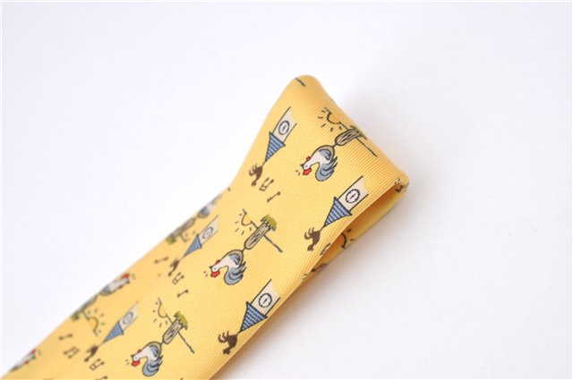 Authentic HERMES Necktie Bird Pattern Silk Yellow Box J2979