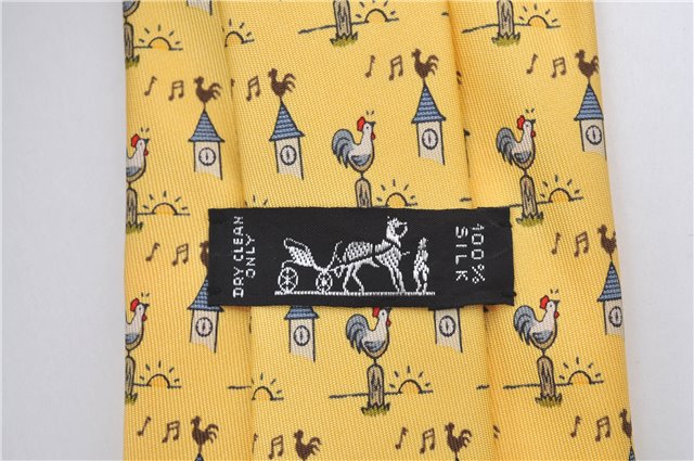 Authentic HERMES Necktie Bird Pattern Silk Yellow Box J2979