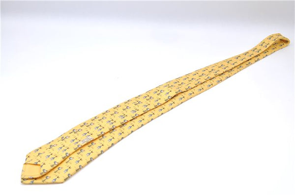 Authentic HERMES Necktie Bird Pattern Silk Yellow Box J2979