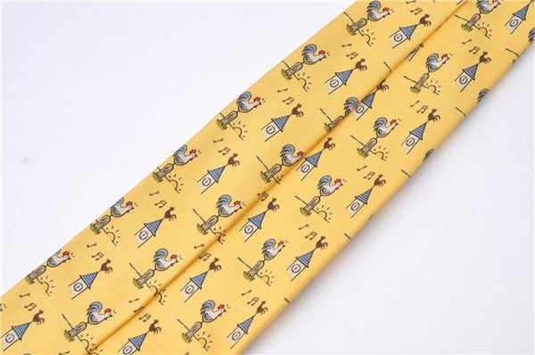 Authentic HERMES Necktie Bird Pattern Silk Yellow Box J2979