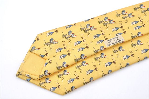 Authentic HERMES Necktie Bird Pattern Silk Yellow Box J2979