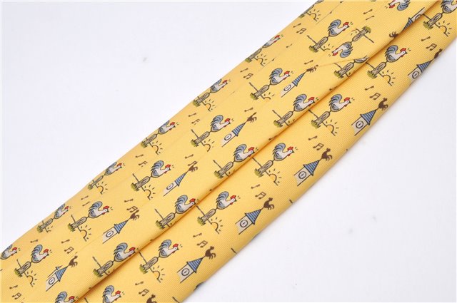 Authentic HERMES Necktie Bird Pattern Silk Yellow Box J2979