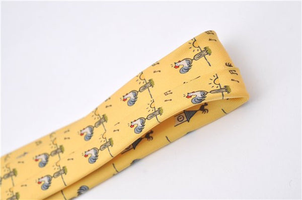 Authentic HERMES Necktie Bird Pattern Silk Yellow Box J2979