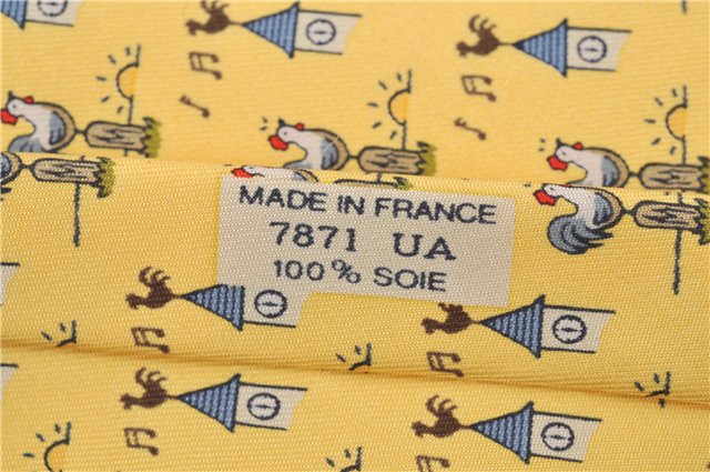 Authentic HERMES Necktie Bird Pattern Silk Yellow Box J2979