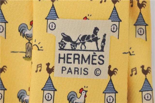 Authentic HERMES Necktie Bird Pattern Silk Yellow Box J2979